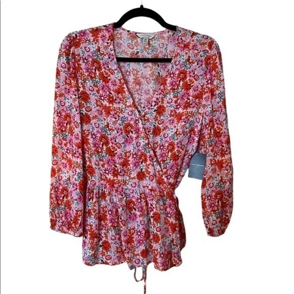 NWT Lucky Brand Pink Orange Floral Soft Long Sleeve Peplum V-Neck Tie Waist Top